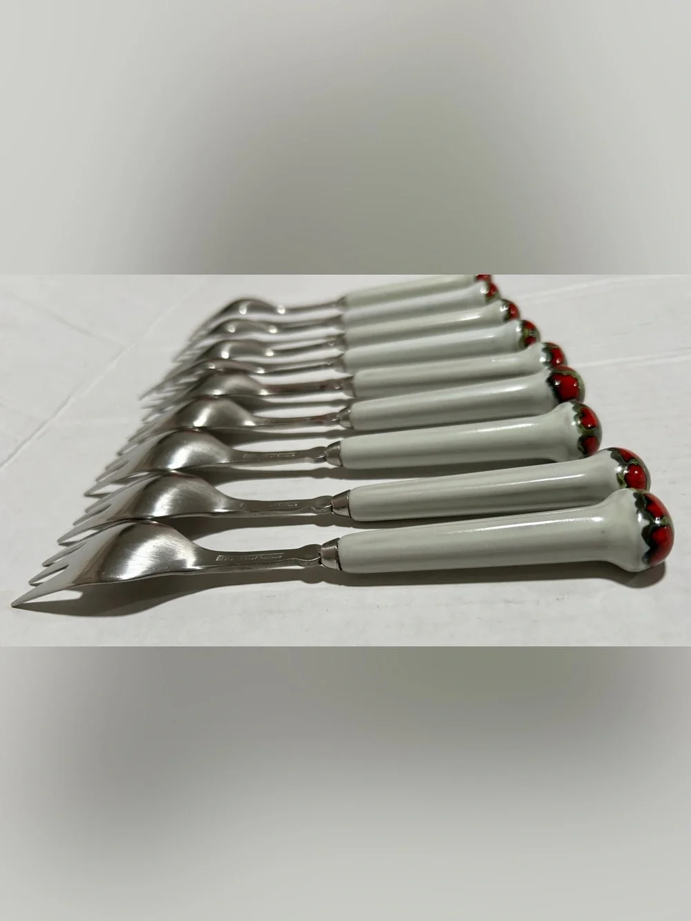White-Handled Dessert Forks with Red Heart Accents - Set of 8